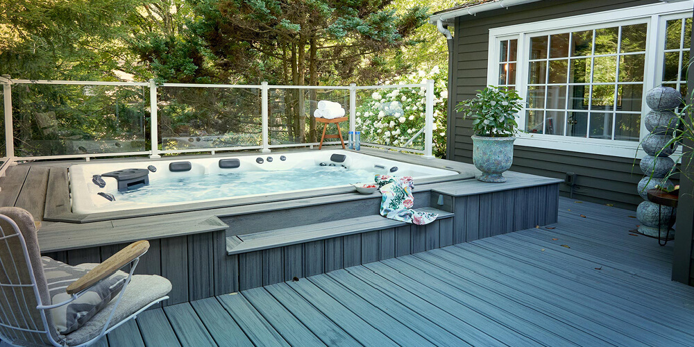 Therapool set inside a backyard deck.