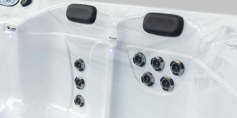 Close up of the seats and jets in a swim spa.