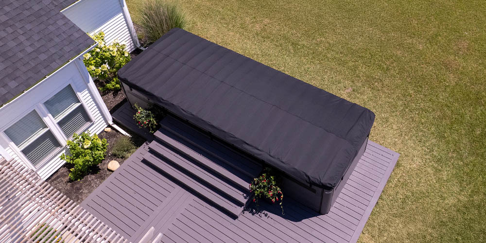 Drone view of swim spa with the cover on.